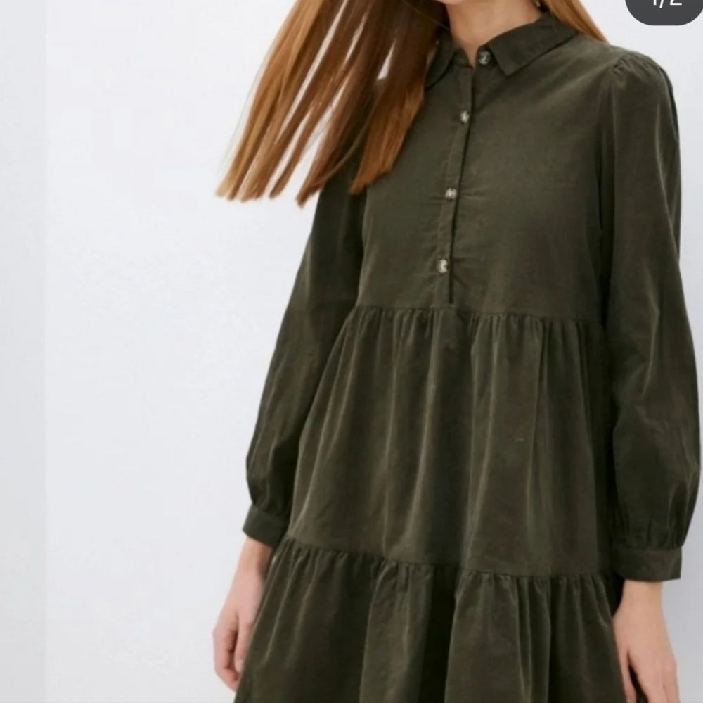 Zara corduroy tiered hem collared boho dress size M